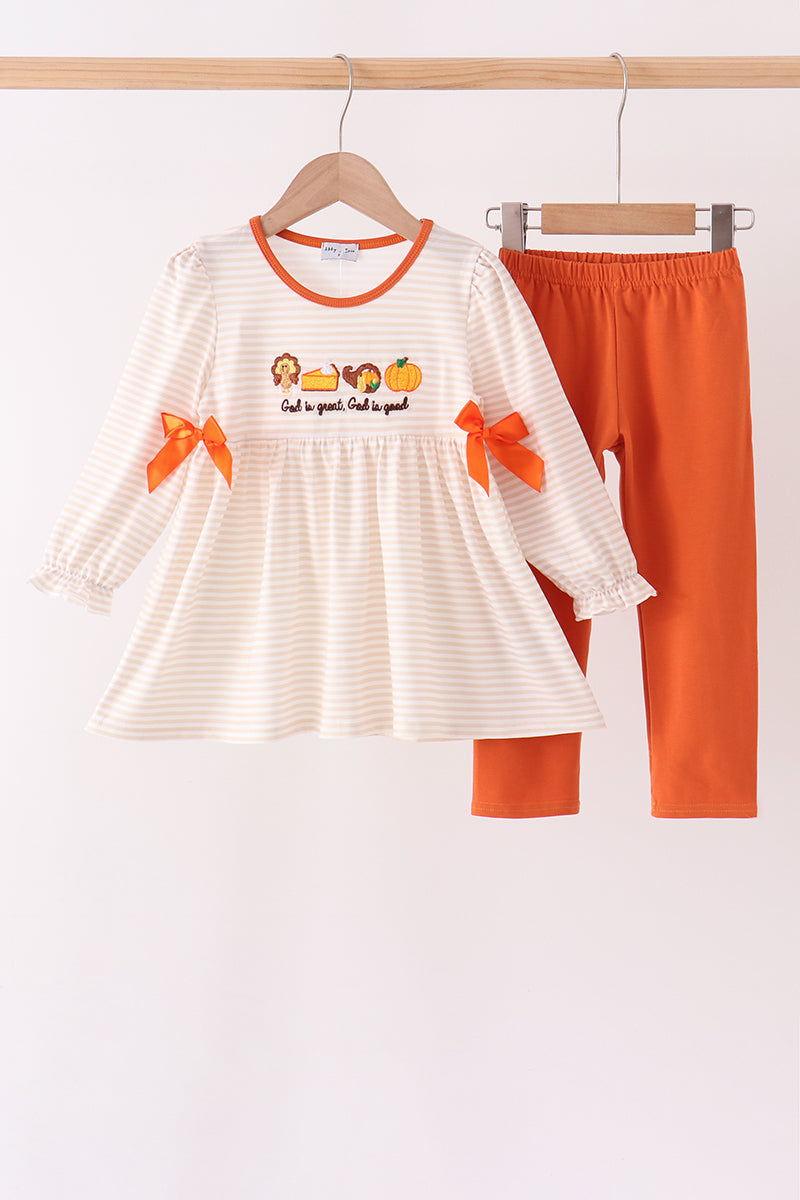 Cream turkey pumpkin embroidery bow pants set