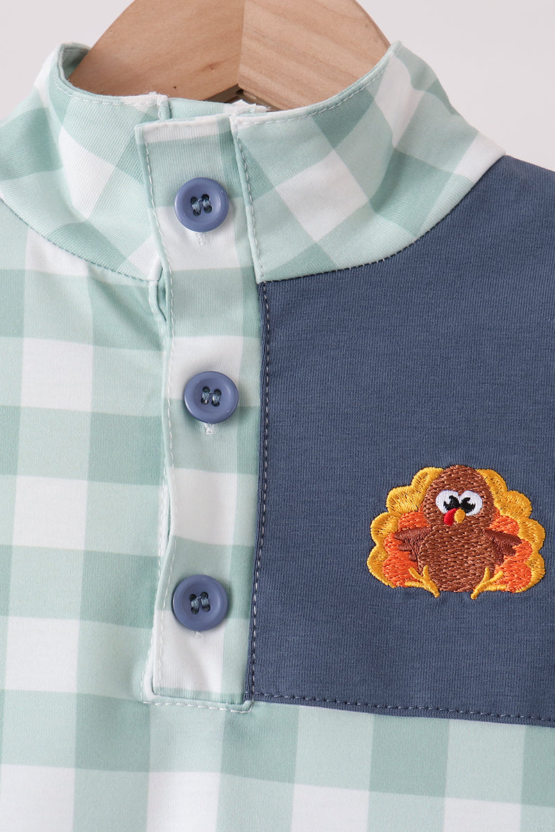 Sage Turkey Embroidery Gingham Jogger Set