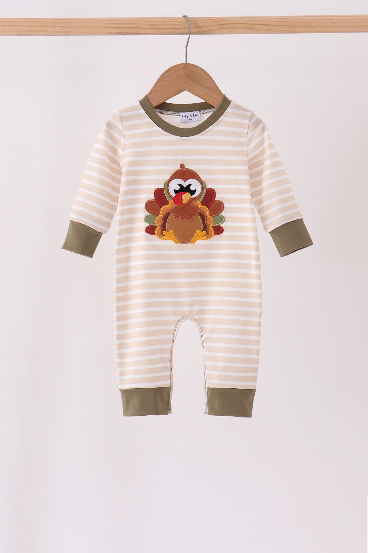 Olive turkey applique stripe romper