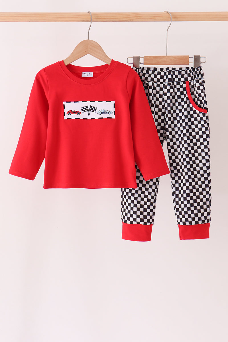 Black car embroidery checkered pants set