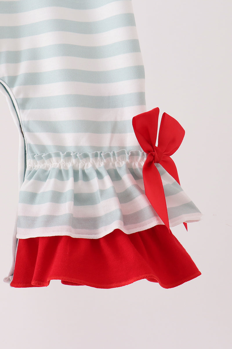 Gray stripe santa french knot ruffle romper