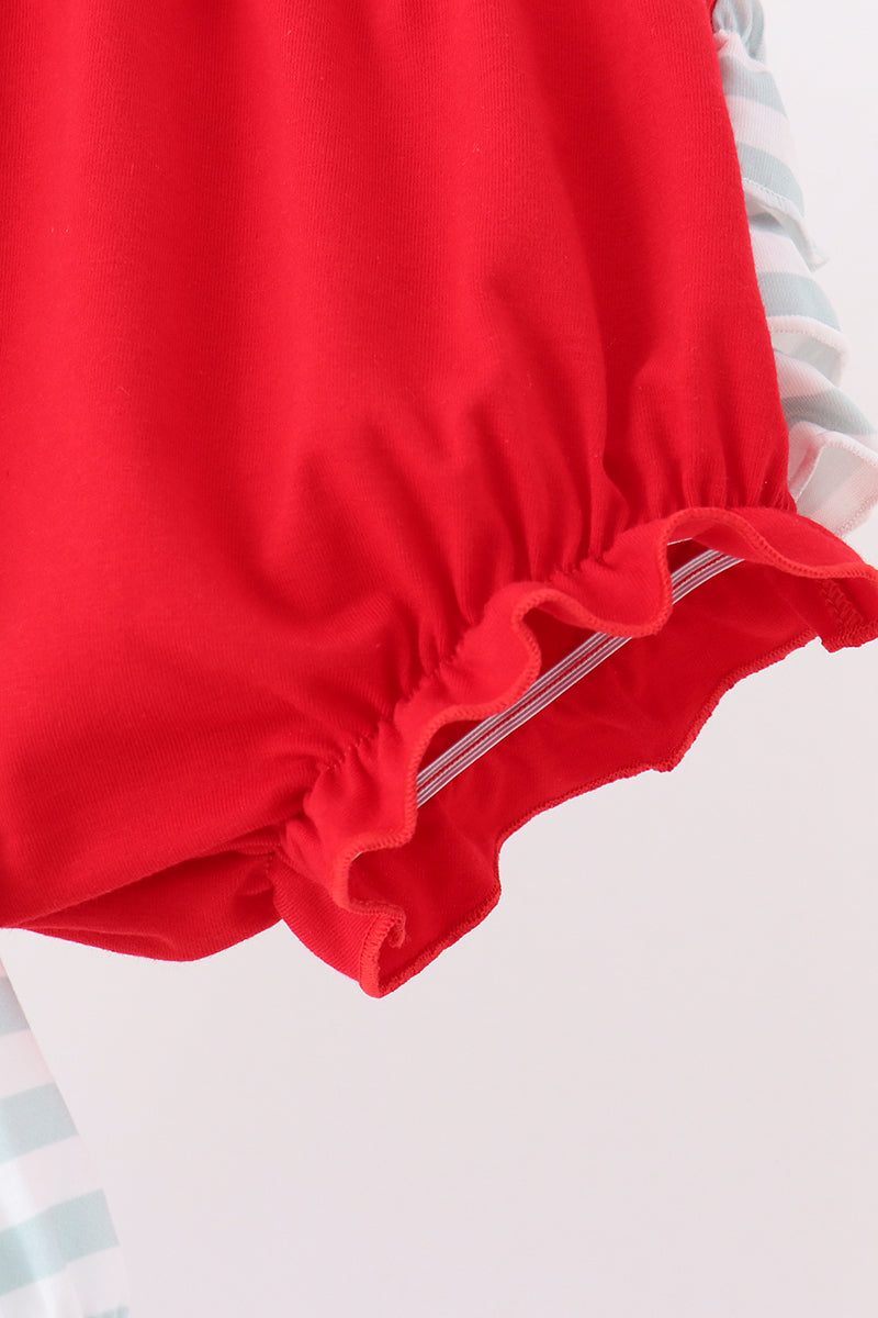 Gray stripe santa french knot ruffle bloomer set