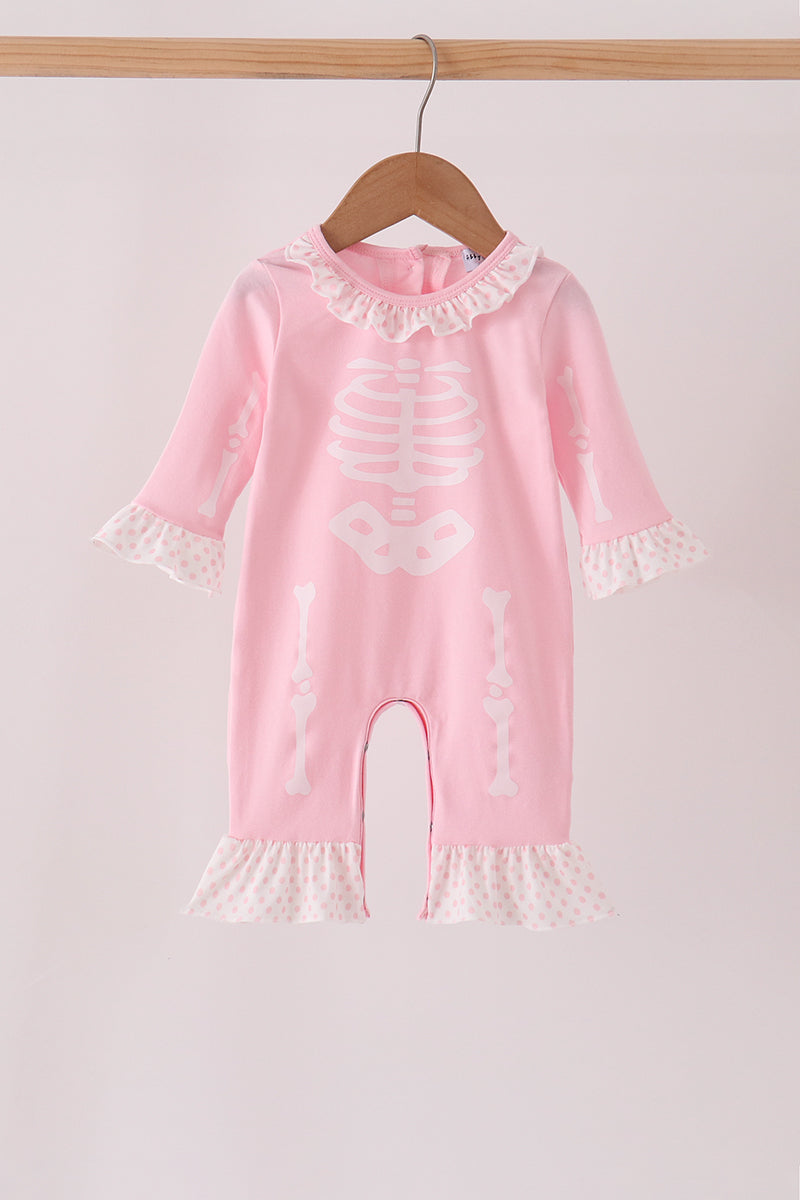 Pink skeleton print ruffle romper