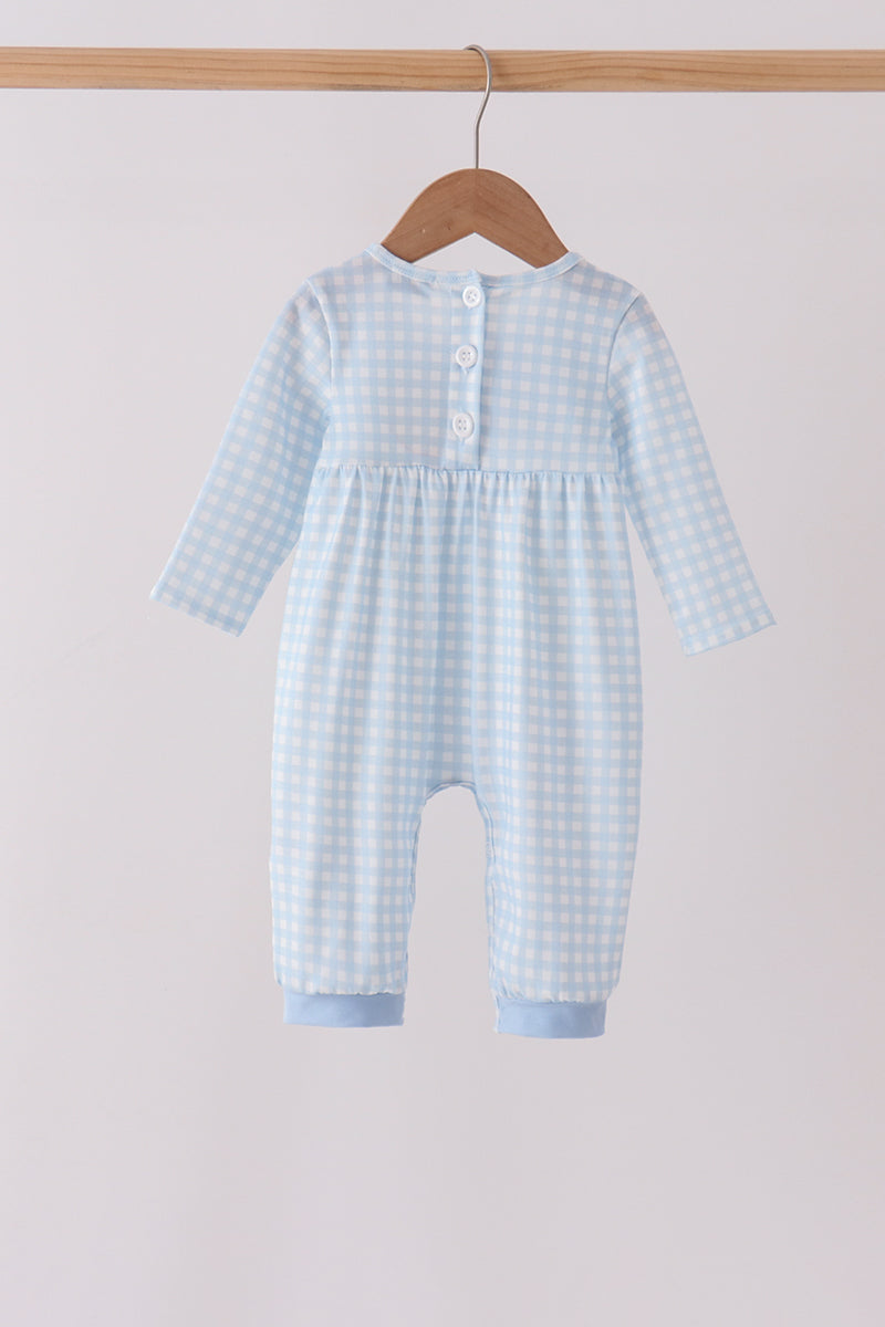 Blue train embroidery gingham romper