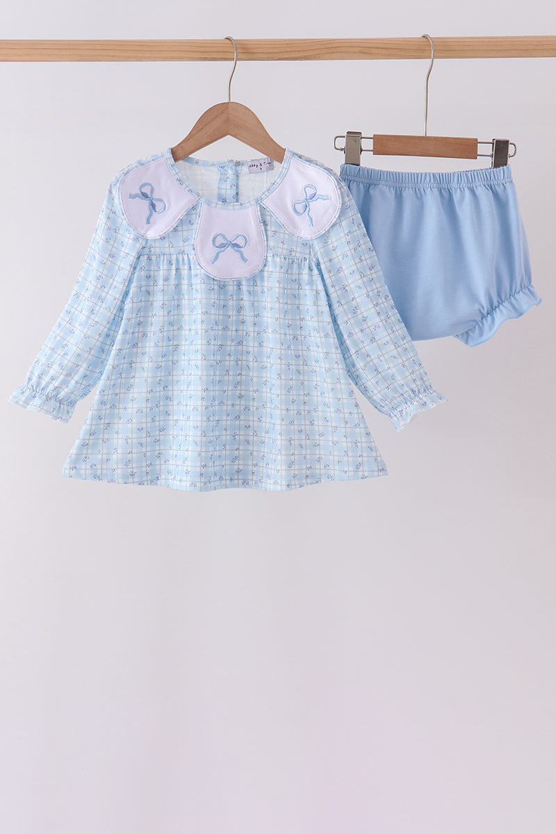 Blue bow embroidery bloomer set