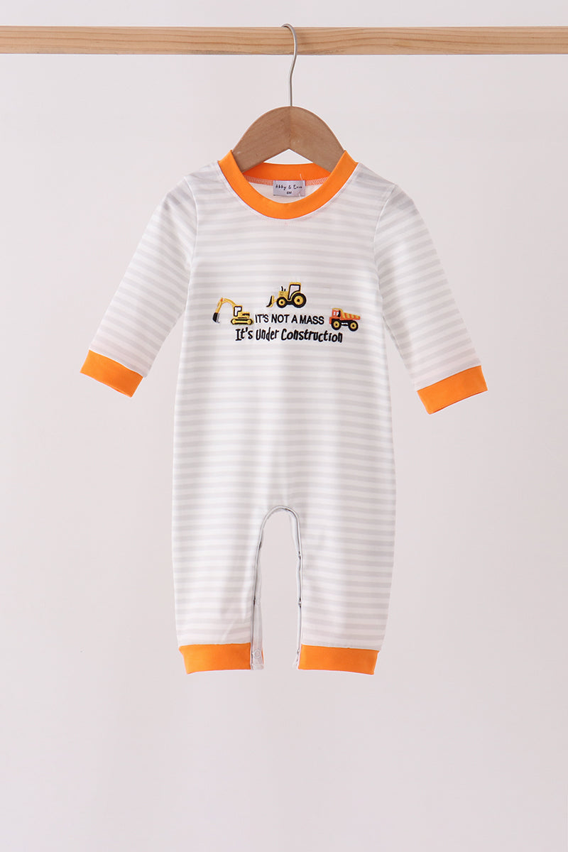 Gray stripe construction vehicle embroidery romper
