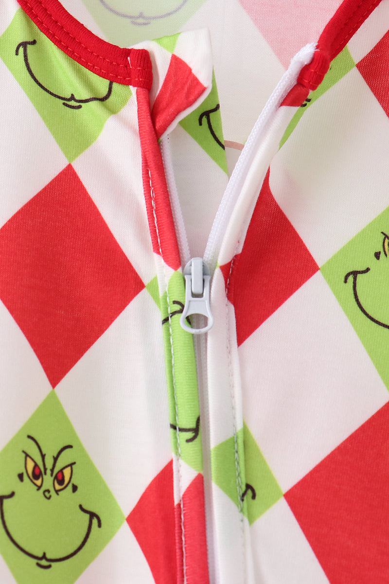 Red grinch print zipper romper