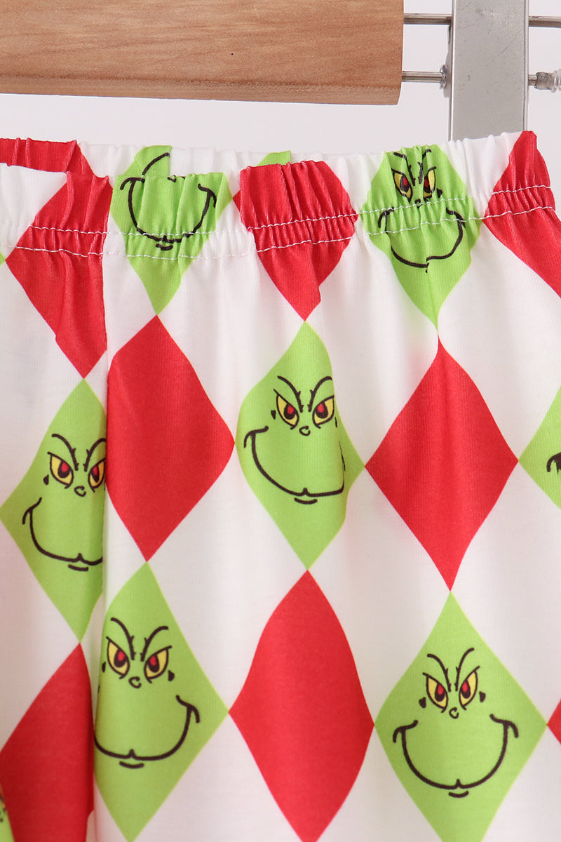 Red grinch print ruffle pajama set
