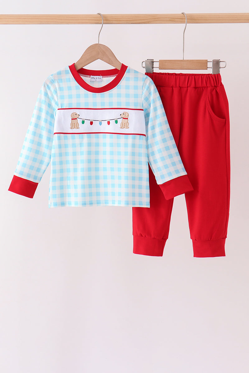 Blue puppy embroidery gingham jogger set
