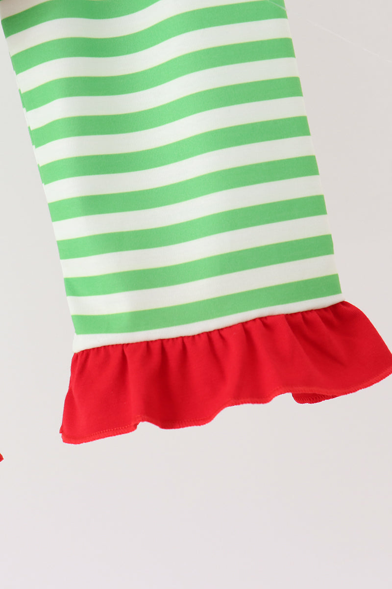 Green stripe grinch embroidery ruffle pajama set