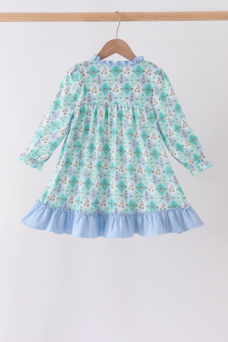 Green santa print ruffle dress
