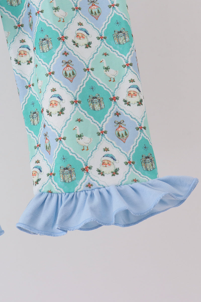 Green santa print ruffle pajama set