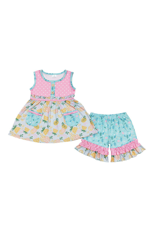 Lemon print pocket girl shorts set