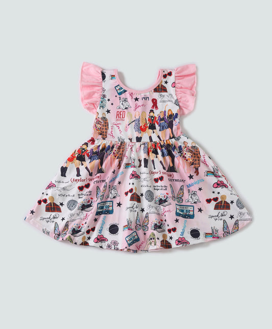 T*a*y*l*o*r**S*w*i*f*t* Pink music fan print ruffle dress