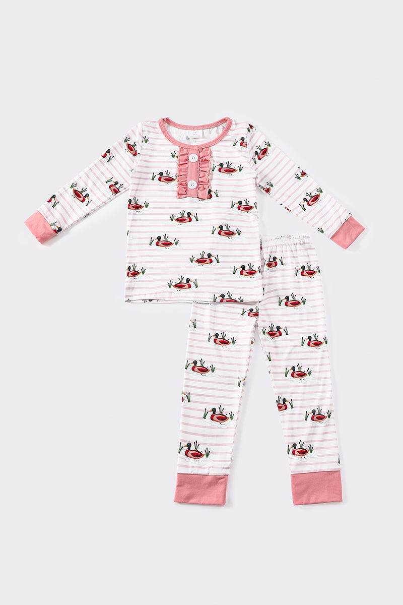 Pink duck print bamboo girl pajamas set