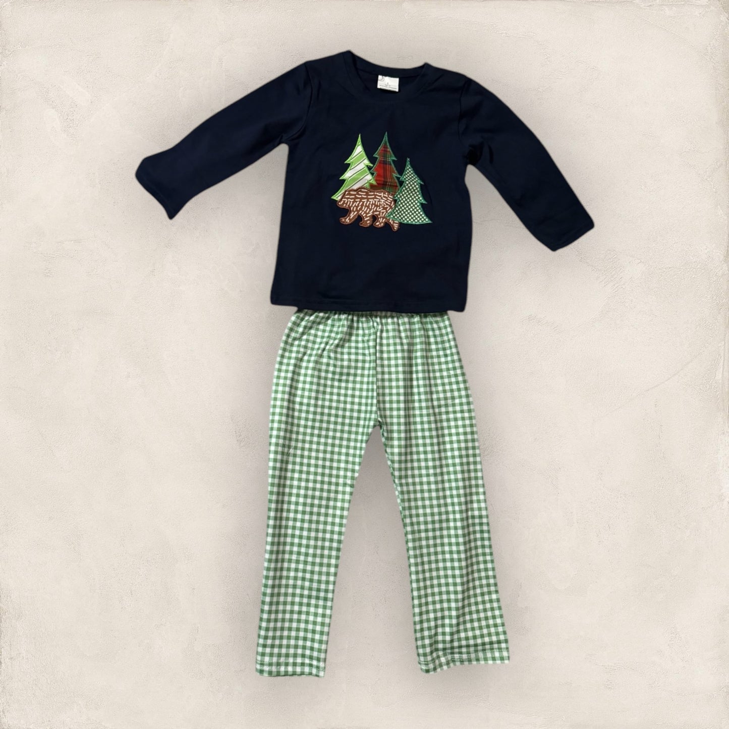 Bear and Trees Long Sleeve Shirt and Green Plaid Pants