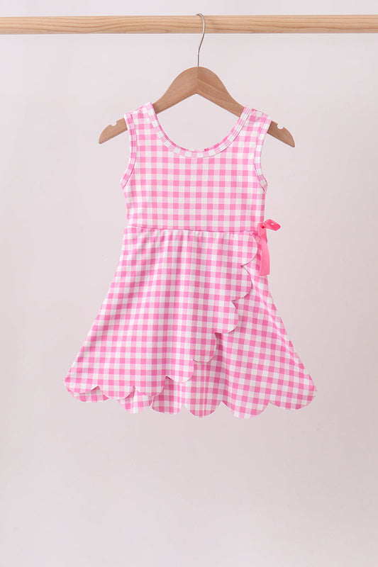 Pink Performance Gingham Bow Scalloped Dress