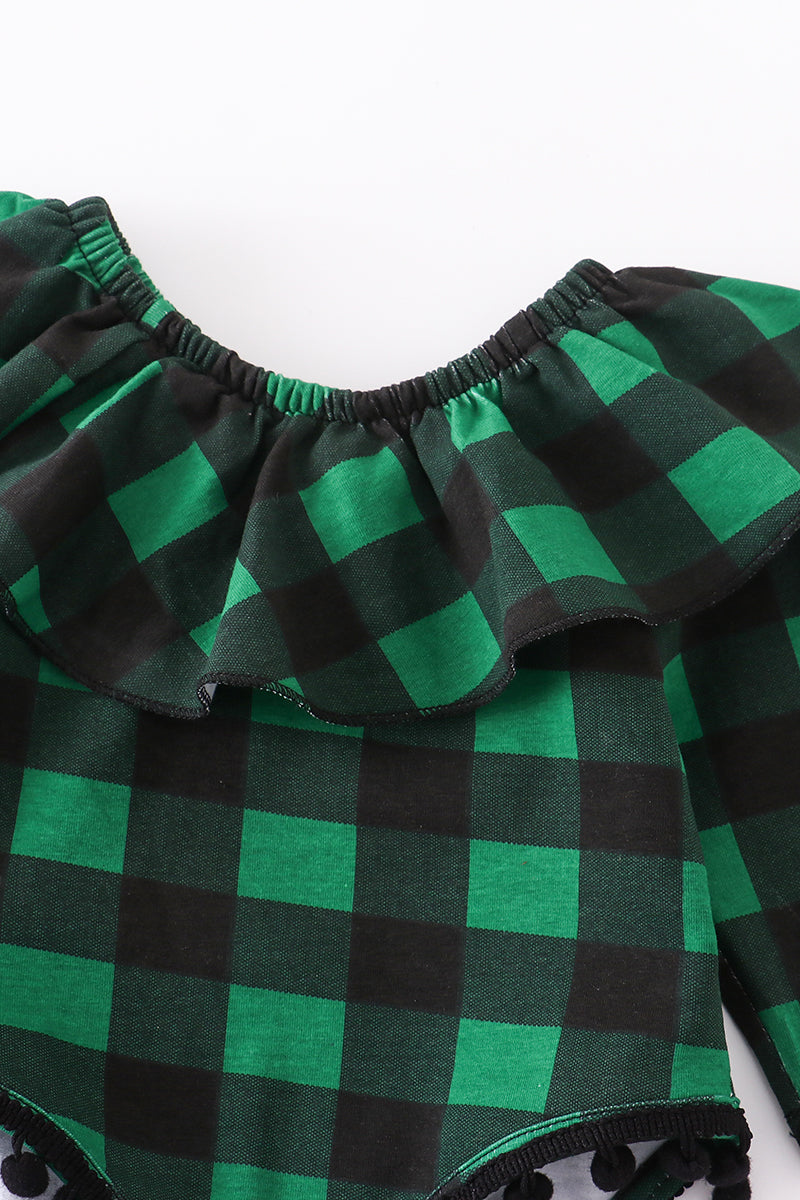 Green check ruffle baby romper