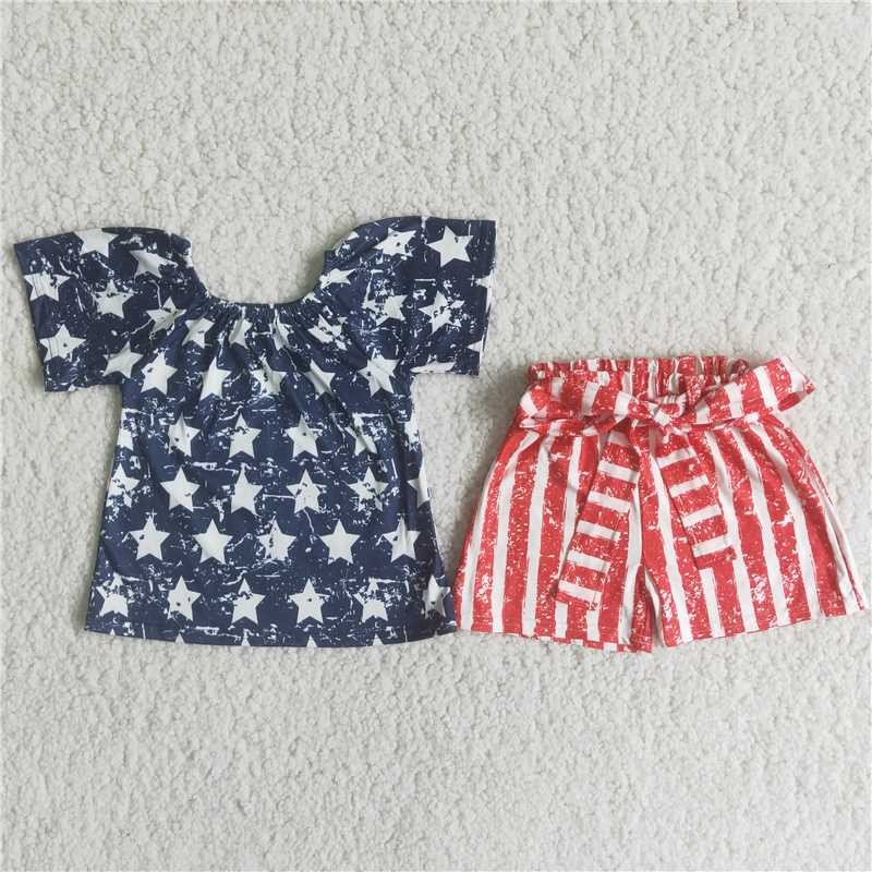 Blue & White Stars Top & Red & White Striped Shorts