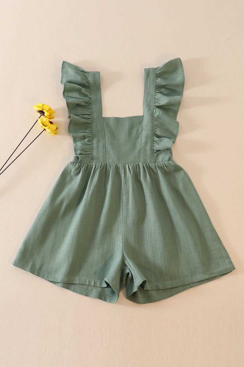 Green linen girl ruffle jumpsuit