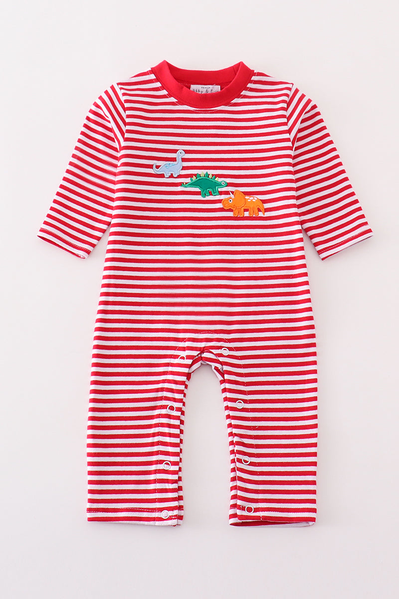 Premium red stripe dinosaur applique girl romper