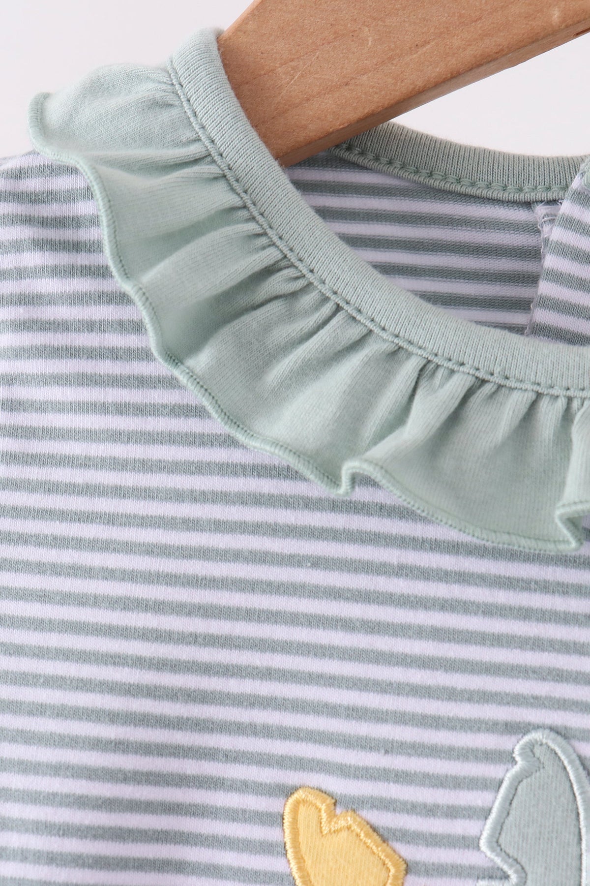 Sage turkey embroidery ruffle stripe romper