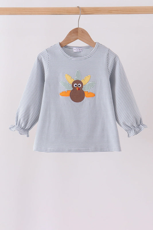 Sage turkey embroidery stripe top