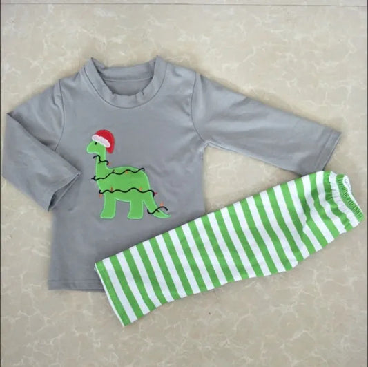 Gray Long Sleeve Dinosaur Shirt & Green Striped Pants