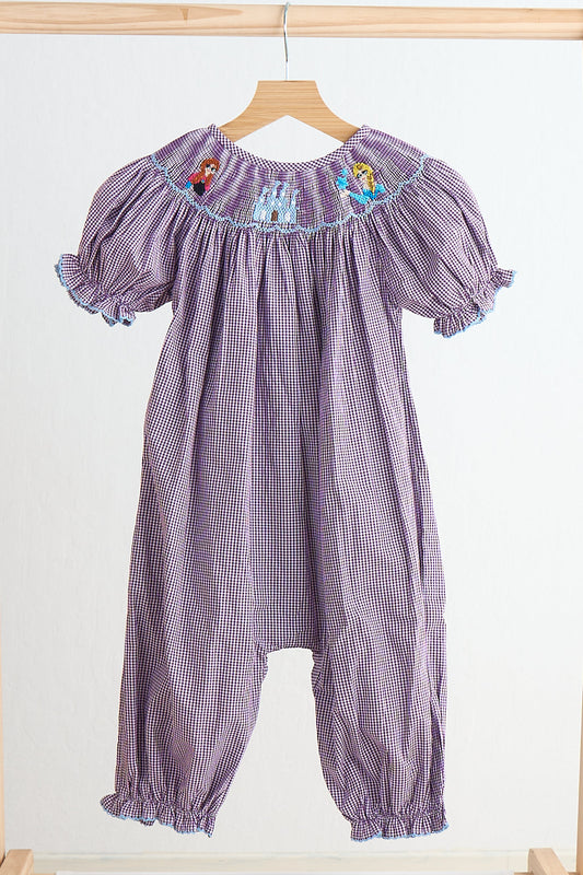 F*r*o*z*e*n* Purple castle hand smocked gingham girl romper