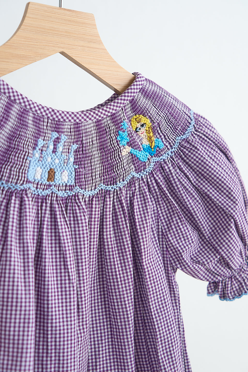 F*r*o*z*e*n* Purple castle hand smocked gingham girl romper