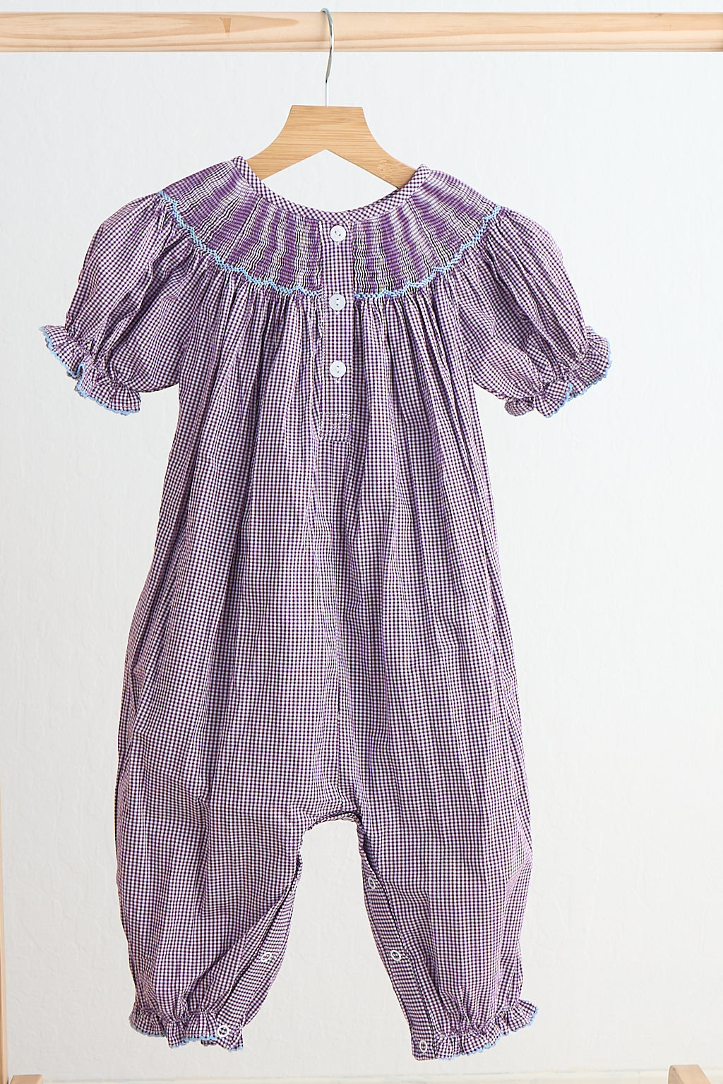 F*r*o*z*e*n* Purple castle hand smocked gingham girl romper