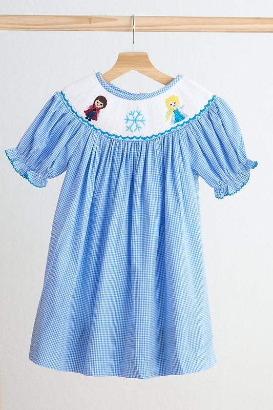 F*r*o*z*e*n* Blue snow princess hand smocked gingham dress