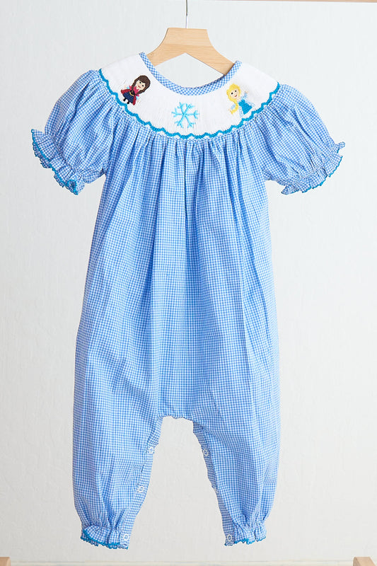 F*r*o*z*e*n* Blue snow princess hand smocked gingham girl romper