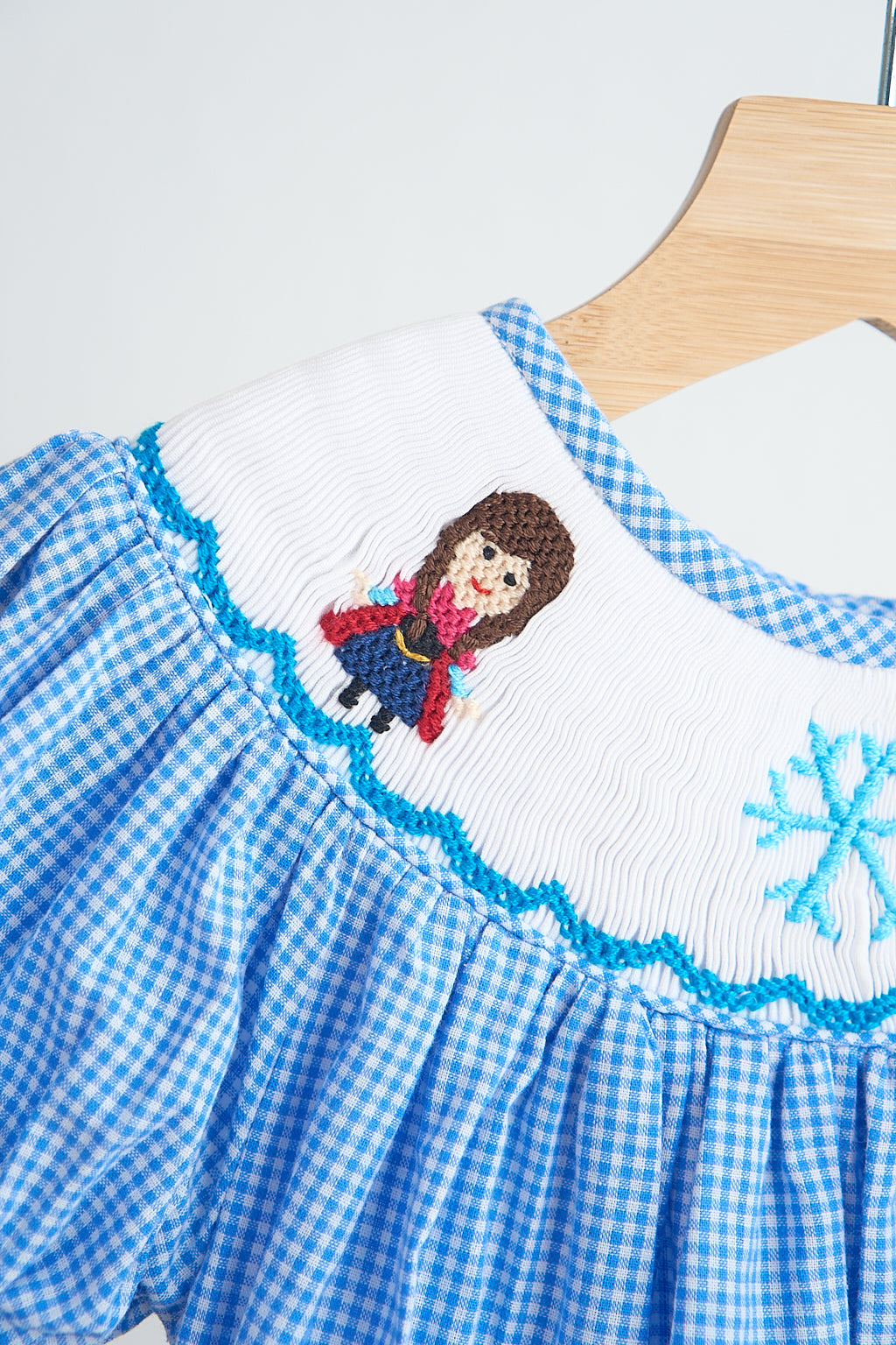 F*r*o*z*e*n* Blue snow princess hand smocked gingham girl romper