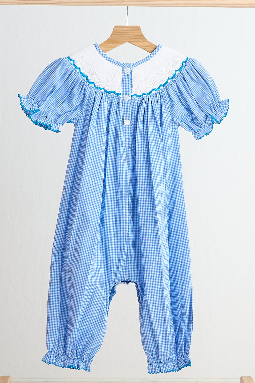 F*r*o*z*e*n* Blue snow princess hand smocked gingham girl romper