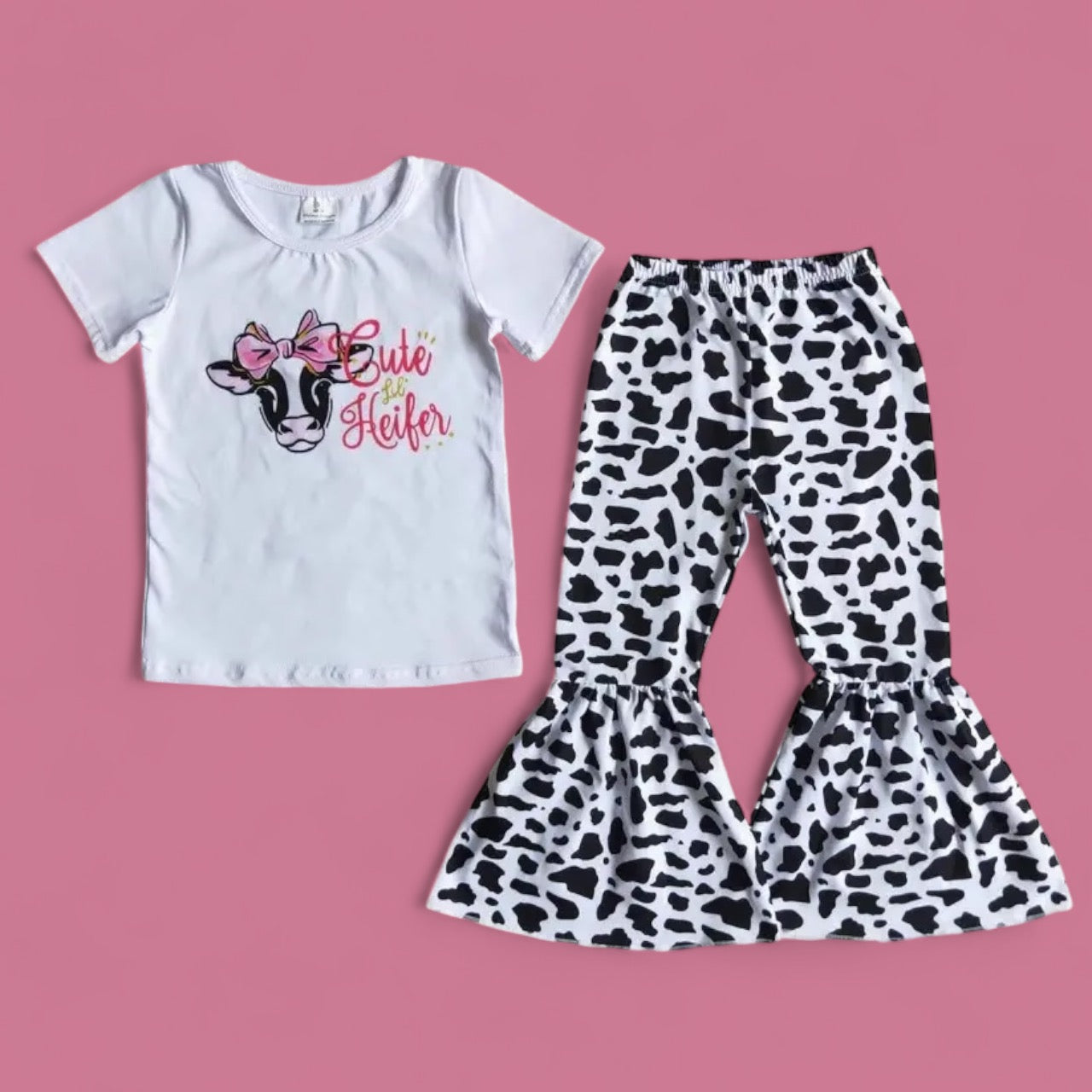 “Cute Heifer” & Cow Print Bell Bottoms