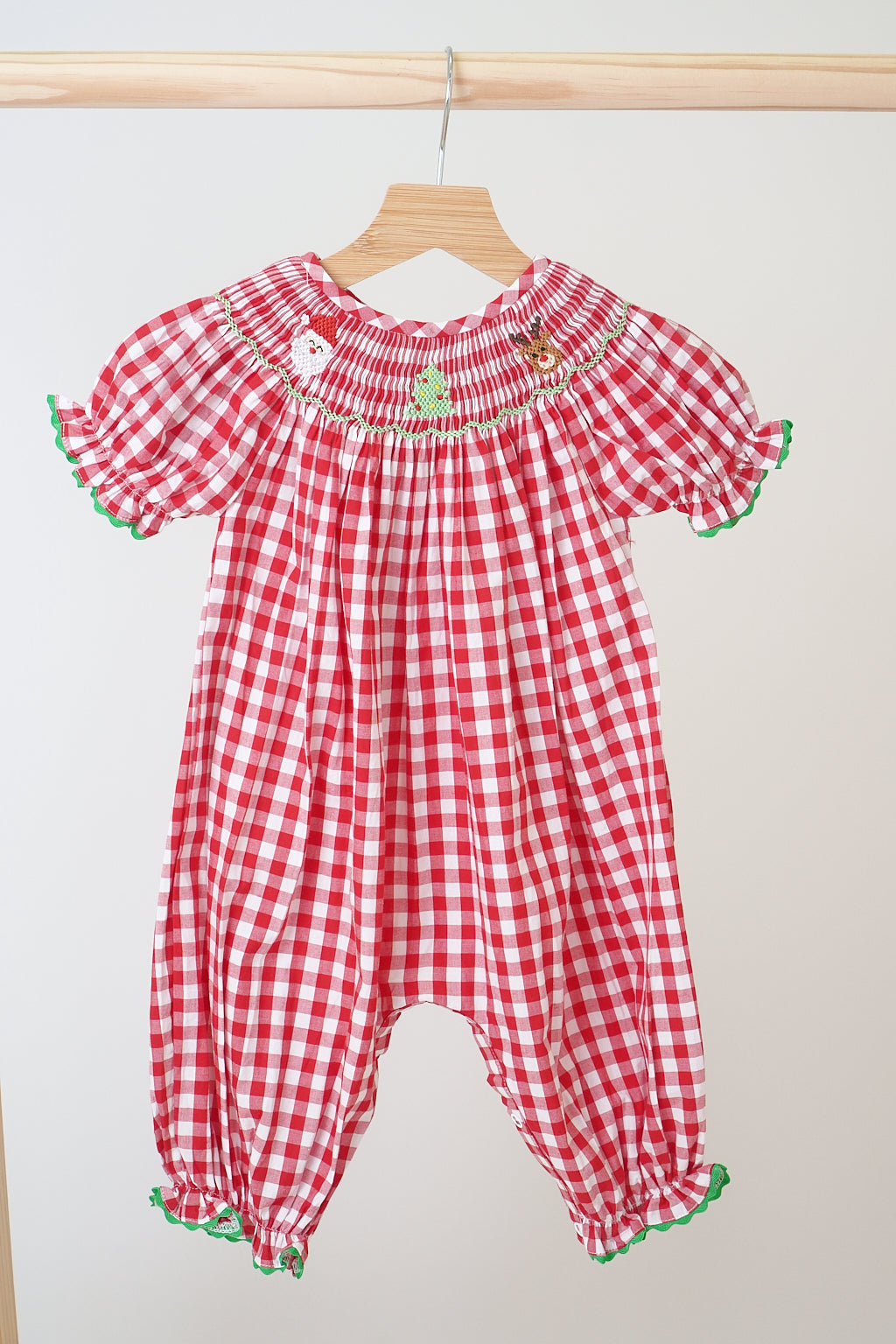 Red Christmas santa tree reindeer hand smocked gingham romper