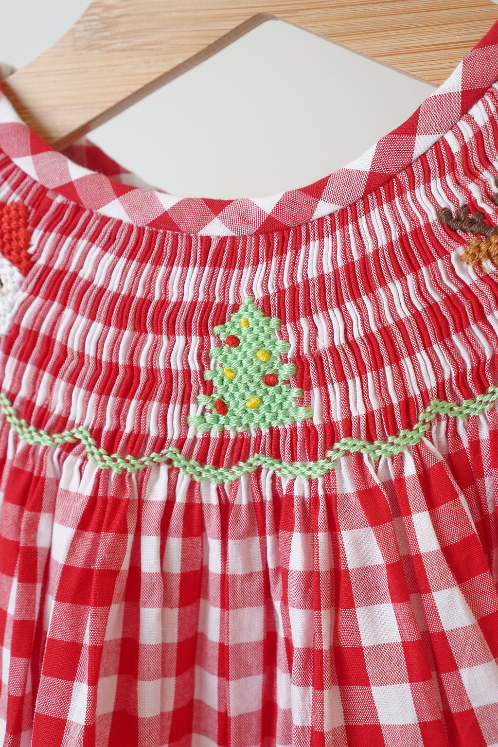 Red Christmas santa tree reindeer hand smocked gingham romper