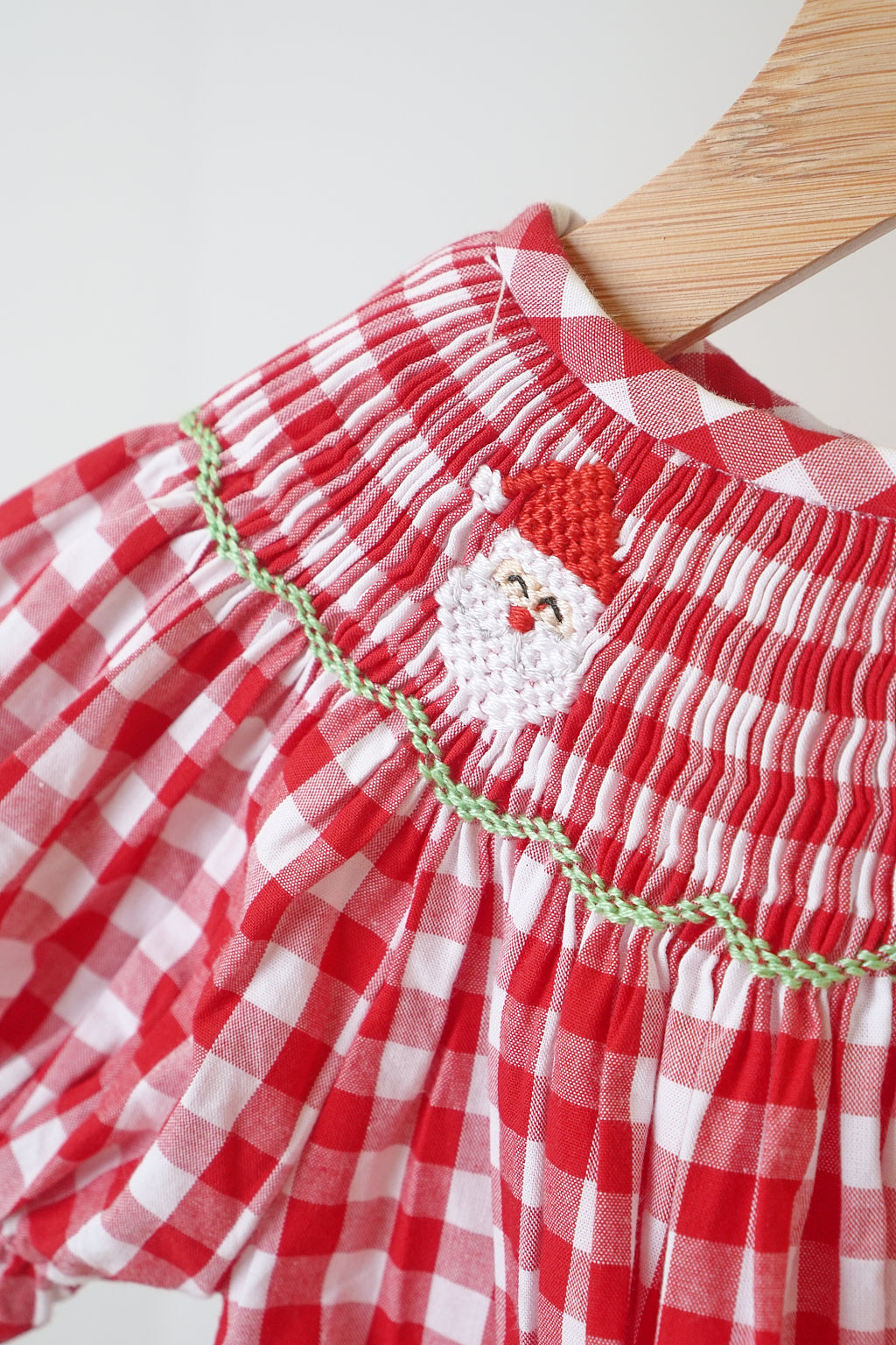 Red Christmas santa tree reindeer hand smocked gingham romper