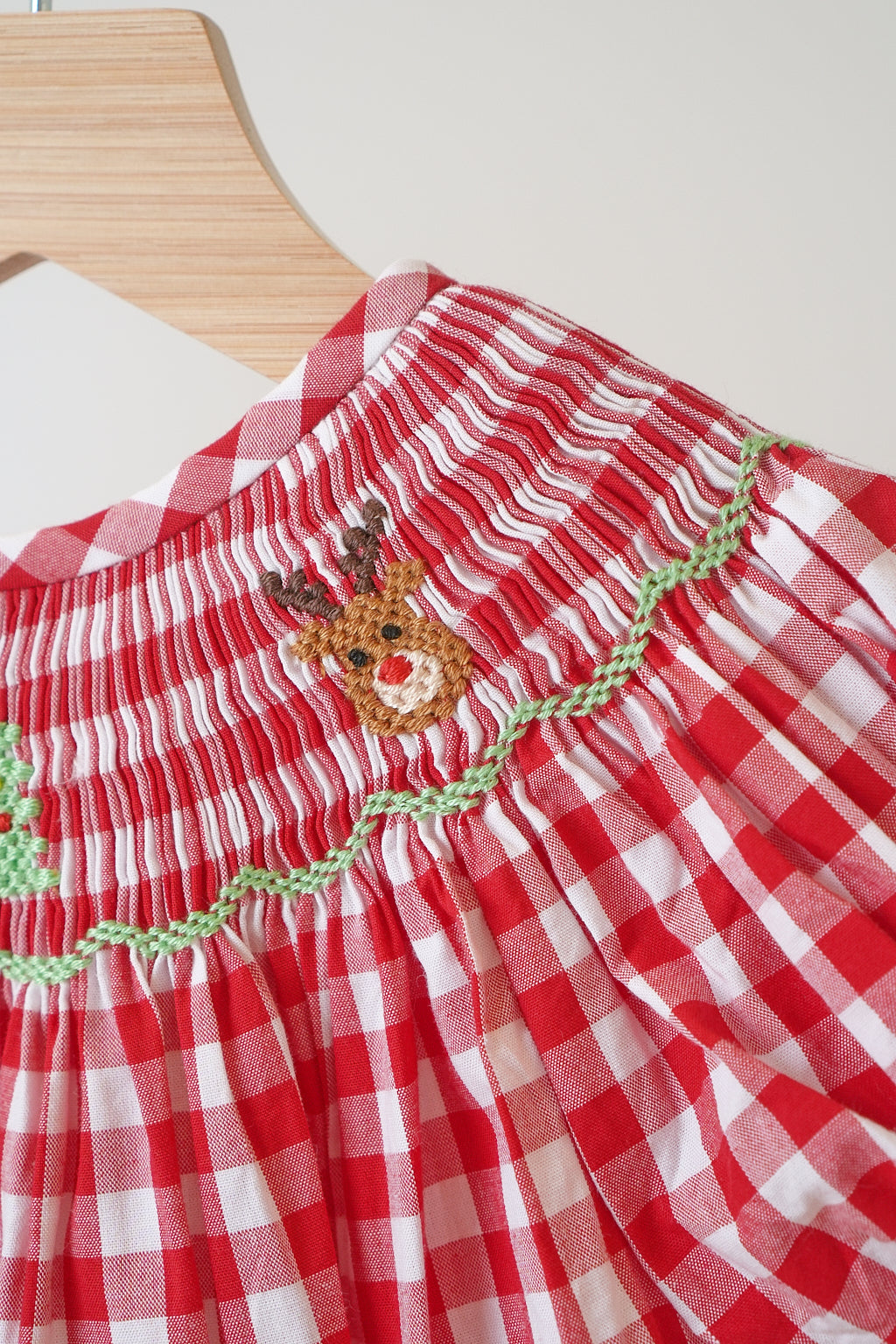 Red Christmas santa tree reindeer hand smocked gingham romper