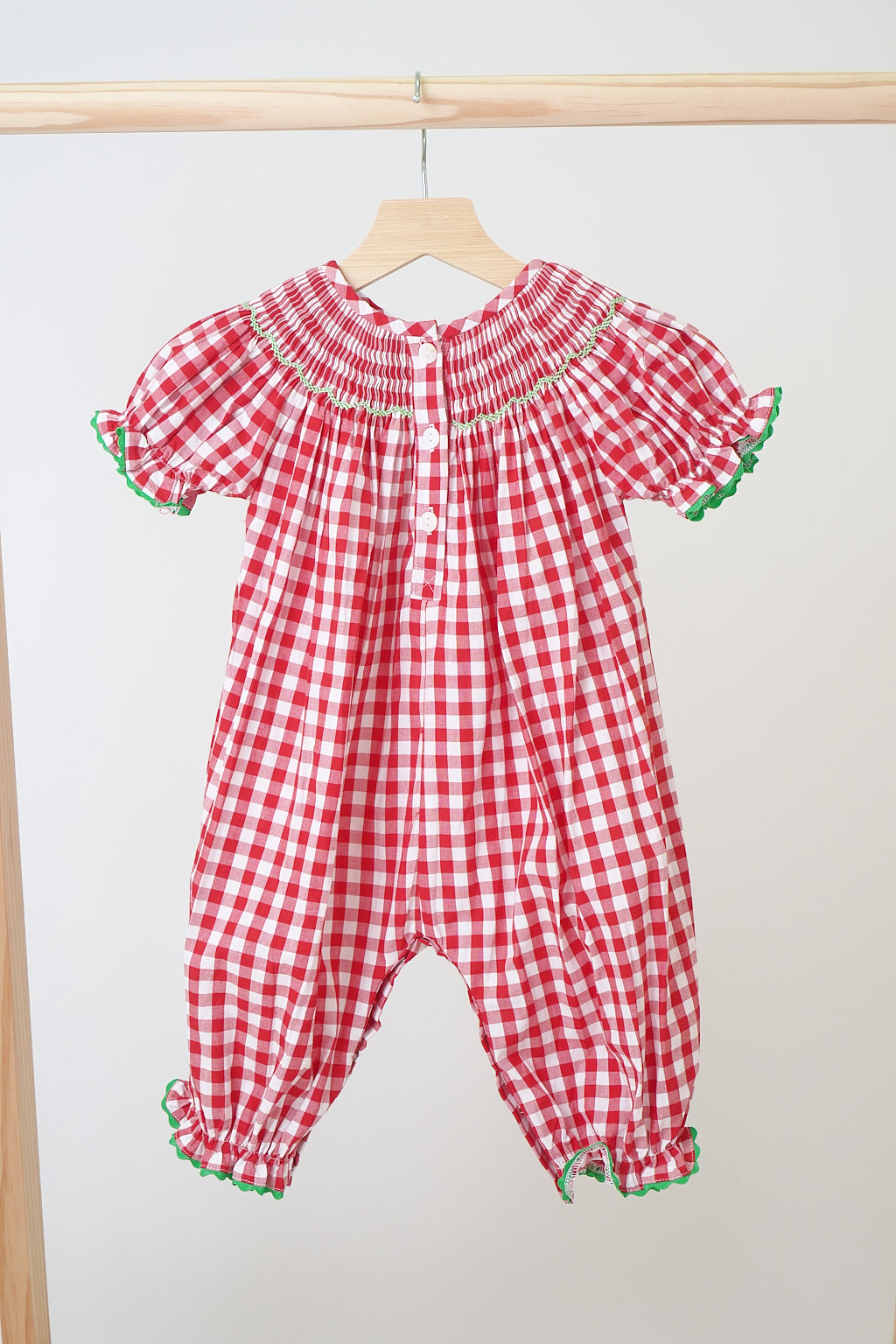 Red Christmas santa tree reindeer hand smocked gingham romper