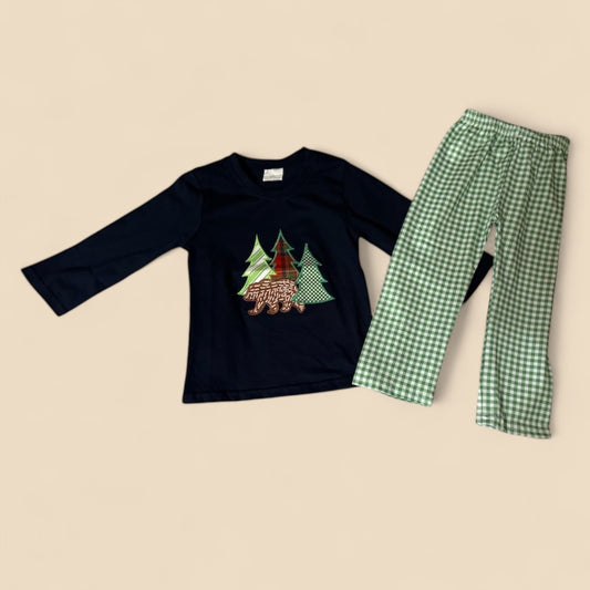 Bear and Trees Long Sleeve Shirt and Green Plaid Pants