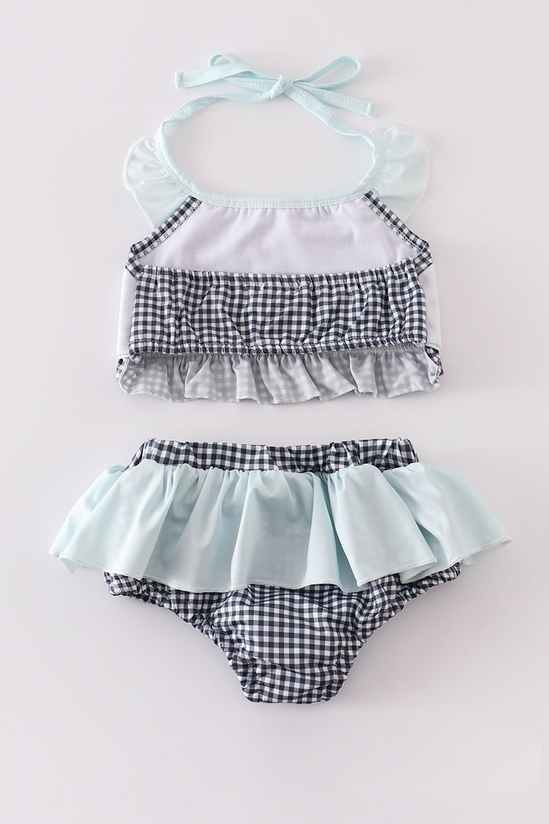 Mint crab embroidery ruffle 2pc girl swimsuit