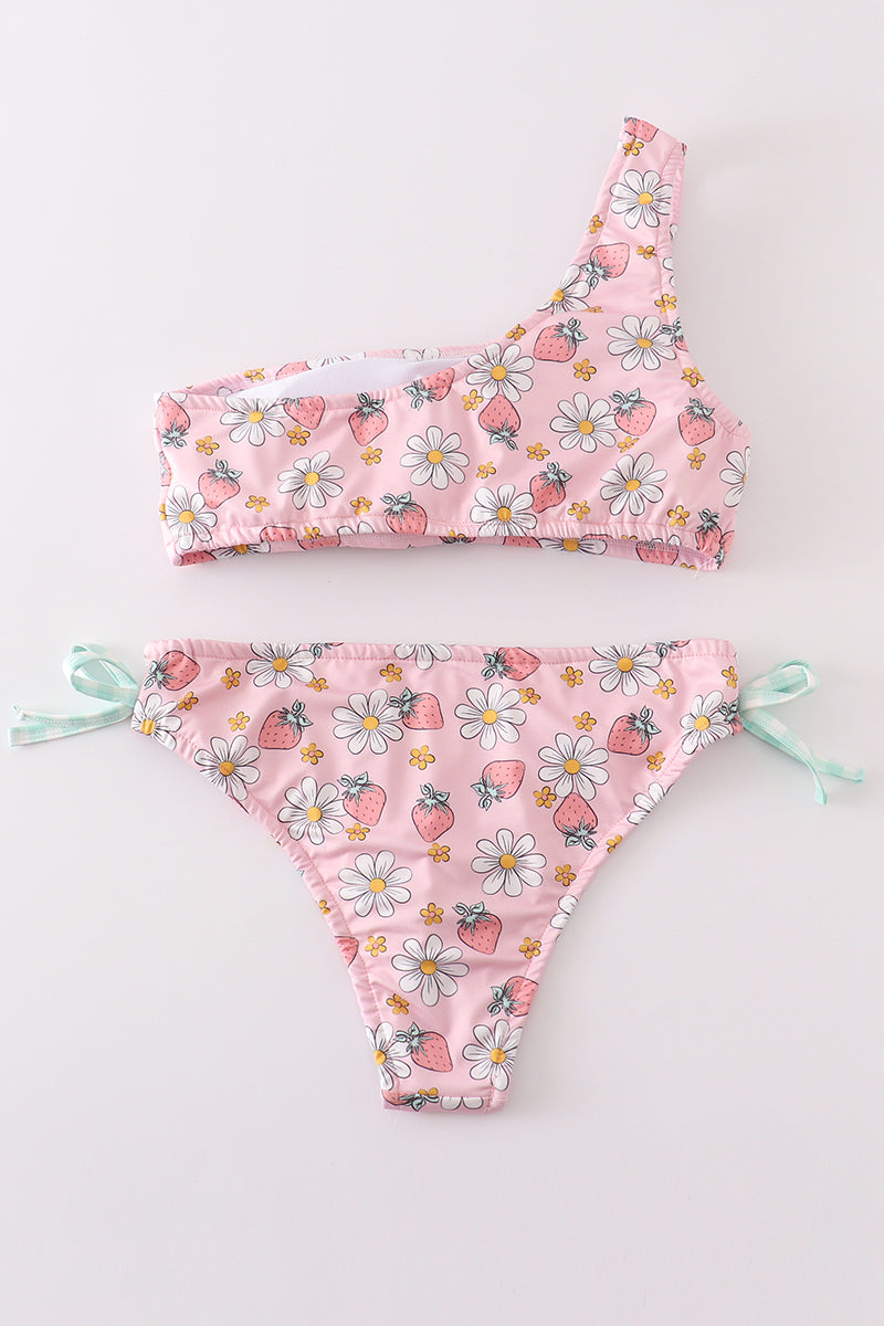 Pink floral strawberry print women swimsuit