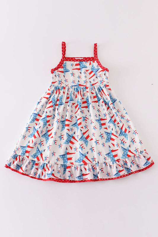 Red patriotic star flag print dress