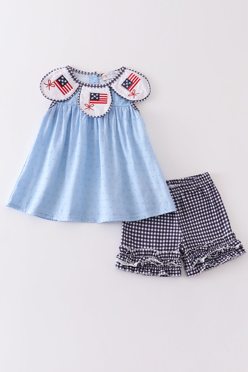 Blue patriotic flag embroidery swiss dot girl set