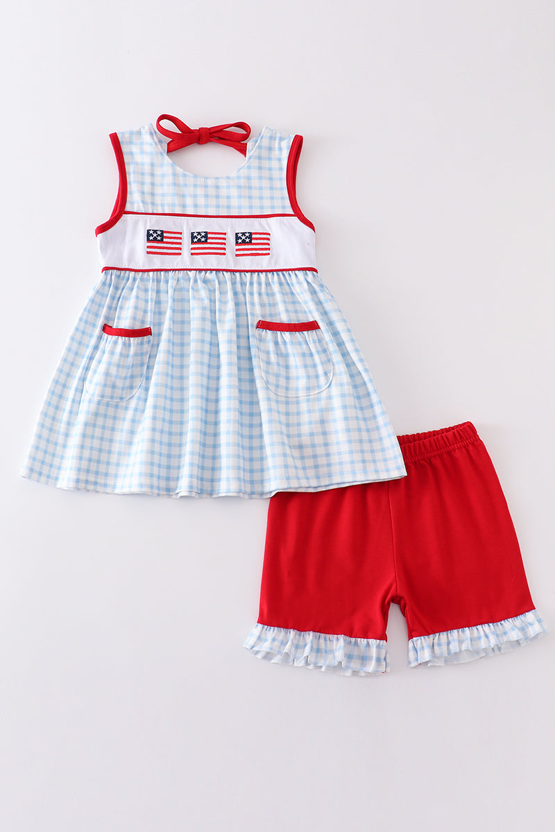 Patriotic flag embroidery plaid girl set