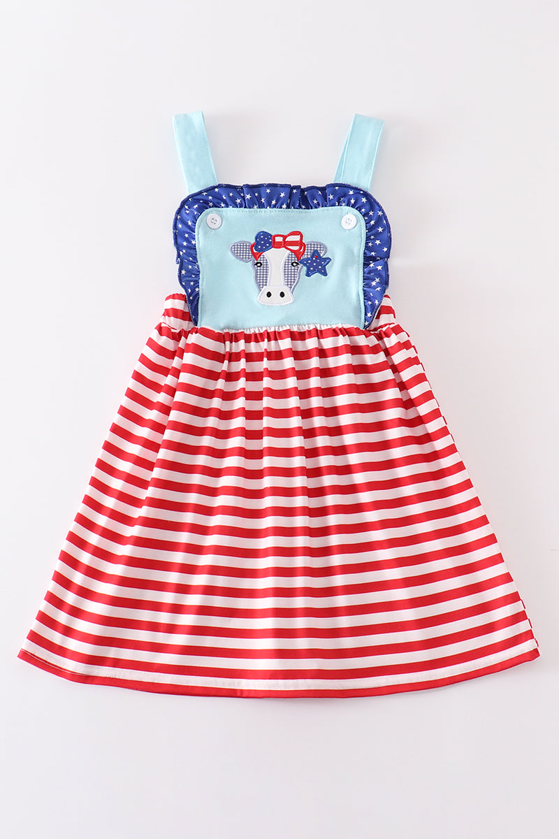 Blue Patriotic Cow Appliqué Strap Dress