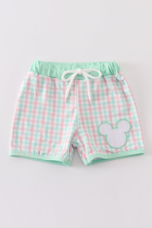 M*i*c*k*e*y* Green character applique plaid boy swim trunks