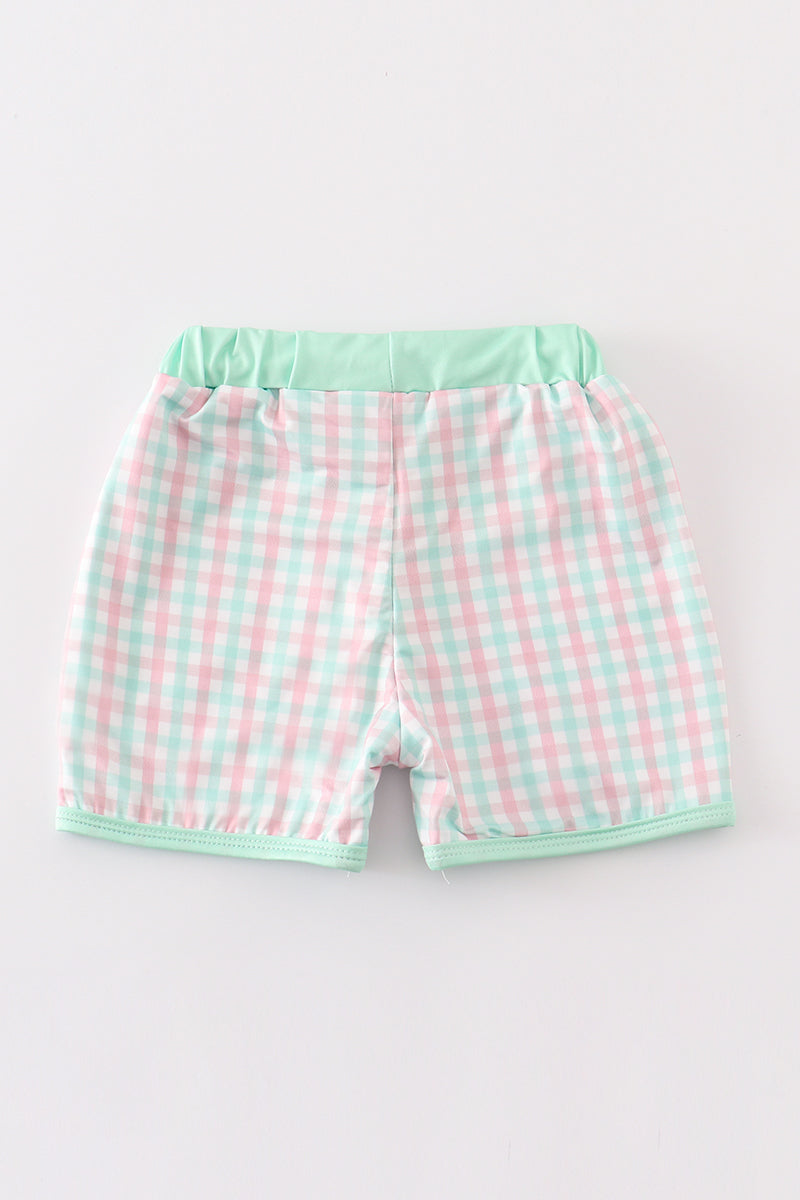 M*i*c*k*e*y* Green character applique plaid boy swim trunks